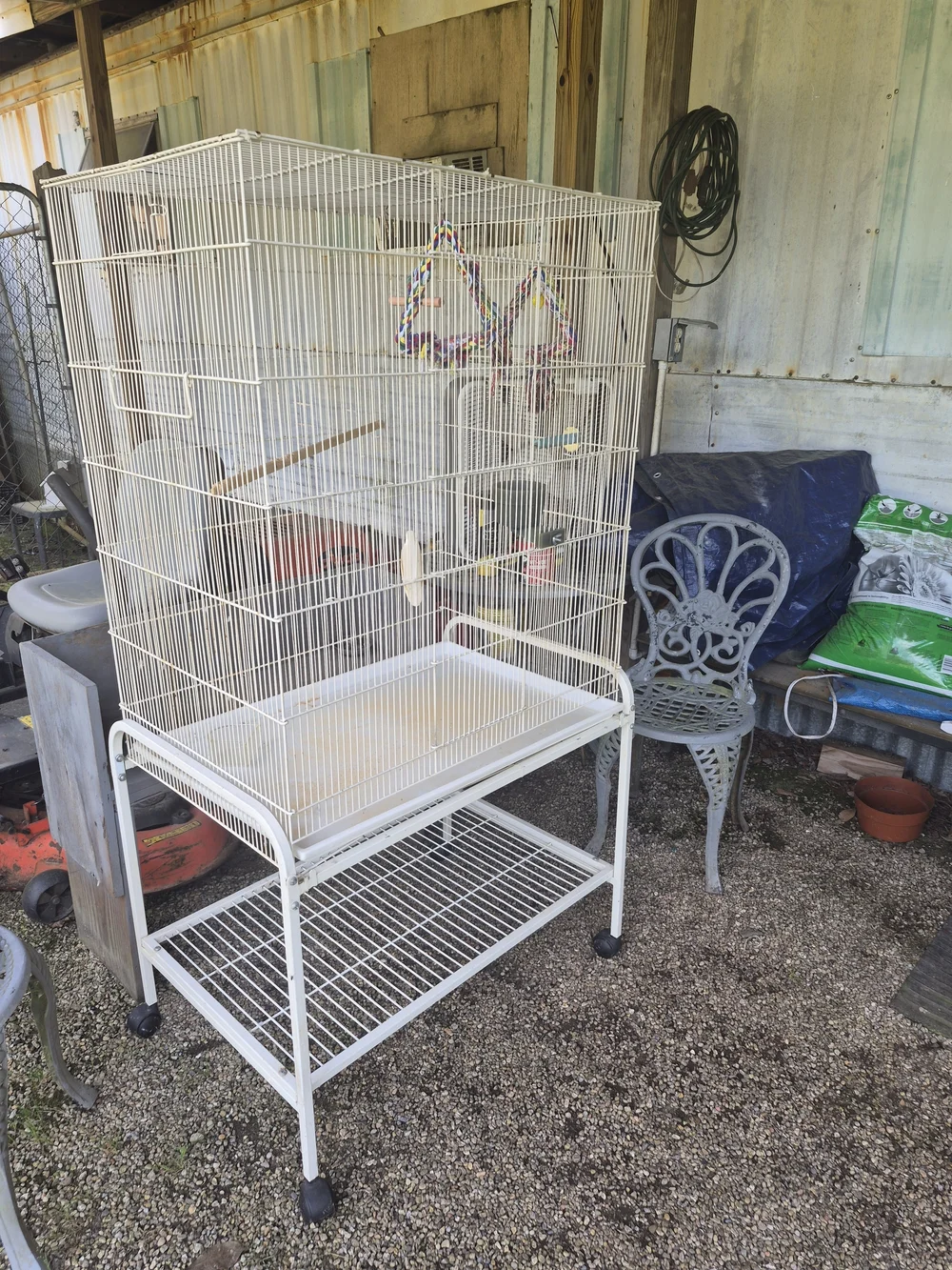 White Metal Bird Cage with Stand and Toy Accessories